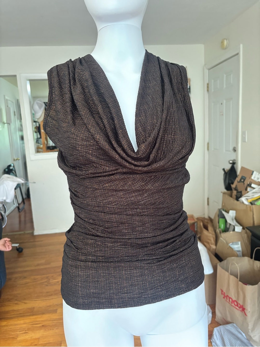 Women's S Brown/Black Polyester Knit Cowl Neck Sleeveless Top golden glimmers